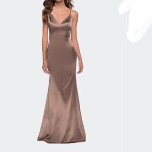 La Femme
Chic Long Stretch Satin Gown with V Neck and back